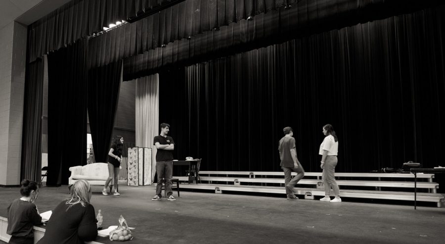 Play production taking place last year with Ms. Gibson, stage manager Abby Kelly, and actors Sophia Fox, Nick Molnar, Ben Nilson, and Kate Freakley.