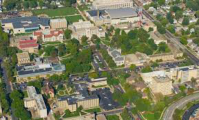 Aerial view of Longwood University and the town of Farmville, Va.