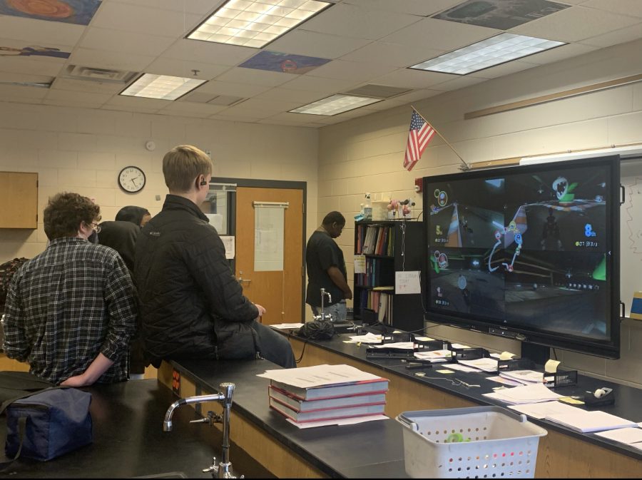 Students participate in a game of Mario Kart during a gaming club meeting. Photo courtesy of Anthony Greco.