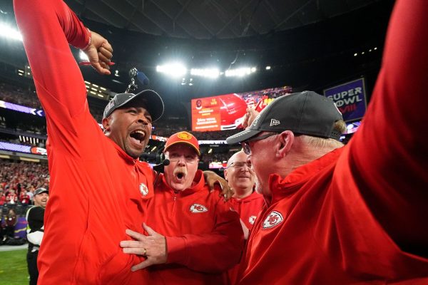 Chiefs’ coaches celebrate their Super Bowl win.