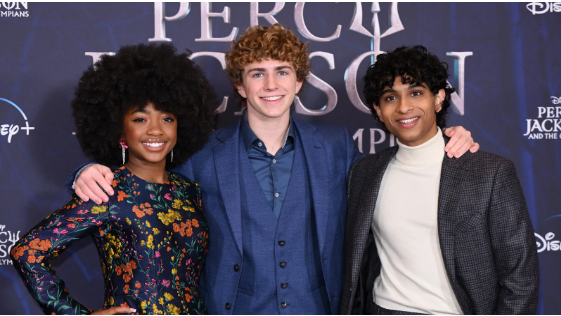 Leah Sava Jeffries, Walker Scobell, and Aryan Simhadri at the red carpet premiere for Percy Jackson.