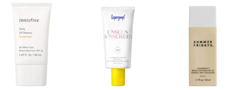 Pictured from left to right of various reputable sunscreens: innisfree Daily UV Defense Sunscreen, Supergoop Unseen Sunscreen, and Summer Fridays ShadeDrops.
