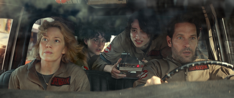 The Spengler Family (From Left to Right: Carrie Coon, McKenna Grace, Finn Wolfhard, and Paul Rudd) in the mists of a daring ghost chase.  

Photo Credit from The Daily Mail