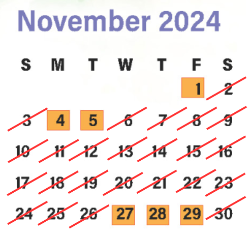 November should have no school at all, here's what the calendar should look like. 