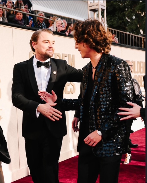 DiCaprio and Chalamet share a handshake at the 2024 Golden Globes Ceremony. (Photo courtesty of Golden Globes Instagram)