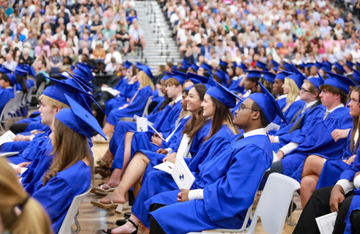 Seniors seated at Graduation in cap and gown.
(Courtesy of Deep Run High School Instagram)
