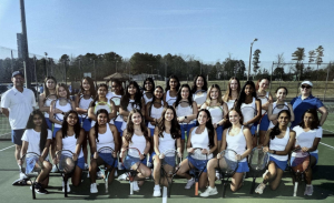 The 2025 season girls tennis team poses for a team photo. (Photo courtesy of Deep Run Yearbook staff)