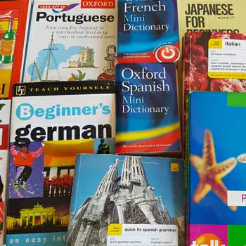 A selection of popular language-learning books.
